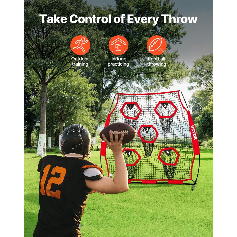 VEVOR 6 x 6 ft Football Trainer Throwing Net, Training Throwing Target Practice Net with 5 Target Pockets, Knotless Net