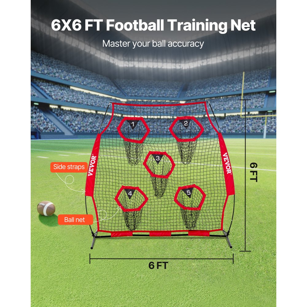 VEVOR 6 x 6 ft Football Trainer Throwing Net, Training Throwing Target Practice Net with 5 Target Pockets, Knotless Net