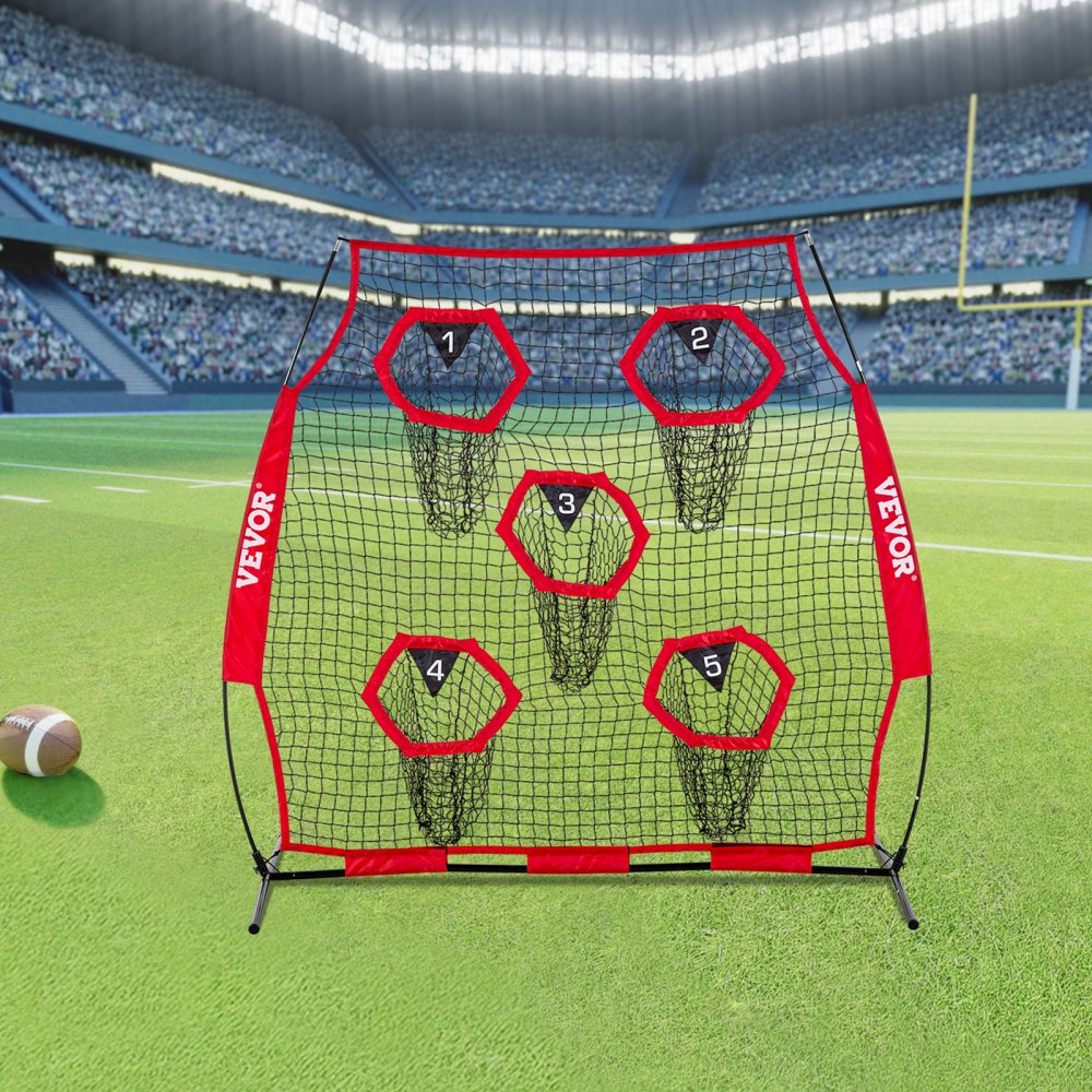 VEVOR 6 x 6 ft Football Trainer Throwing Net, Training Throwing Target Practice Net with 5 Target Pockets, Knotless Net