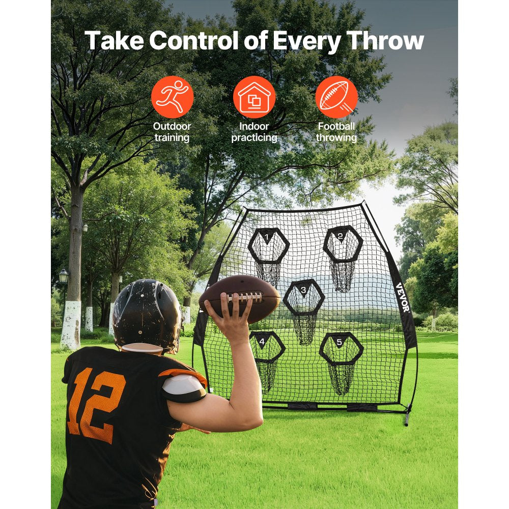 VEVOR 7 x 7 ft Football Trainer Throwing Net, Training Throwing Target Practice Net with 5 Target Pockets, Knotless Net