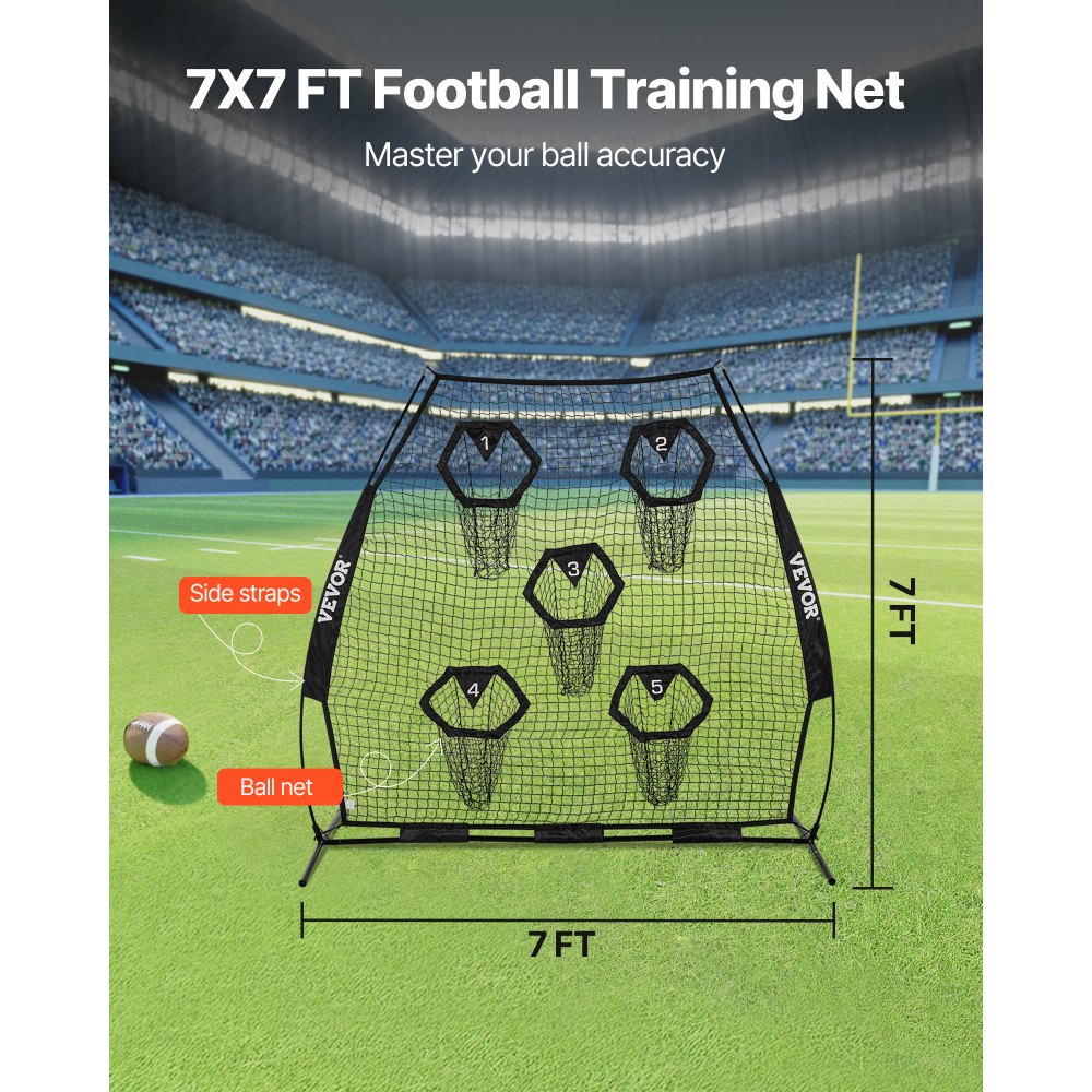 VEVOR 7 x 7 ft Football Trainer Throwing Net, Training Throwing Target Practice Net with 5 Target Pockets, Knotless Net