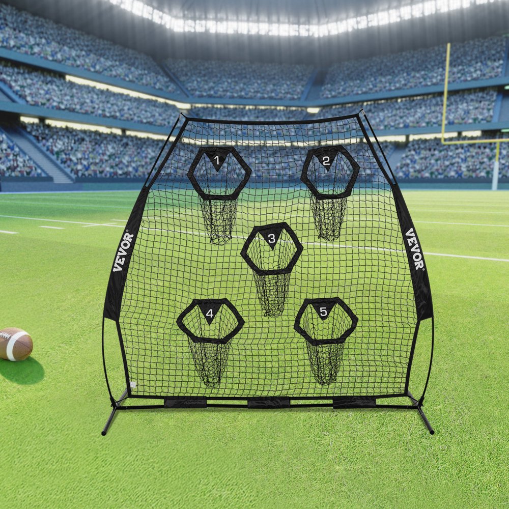 VEVOR 7 x 7 ft Football Trainer Throwing Net, Training Throwing Target Practice Net with 5 Target Pockets, Knotless Net