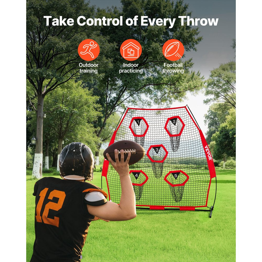 VEVOR 7 x 7 ft Football Trainer Throwing Net, Training Throwing Target Practice Net with 5 Target Pockets, Knotless Net