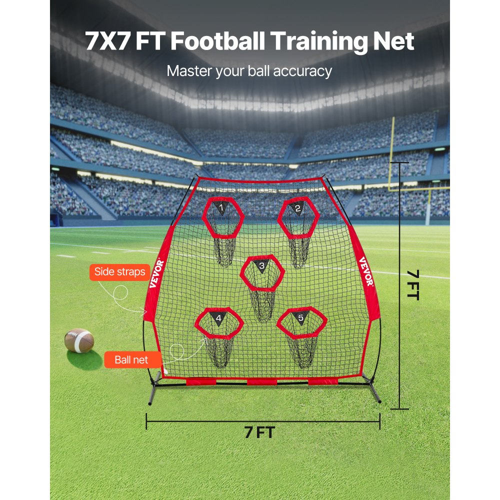 VEVOR 7 x 7 ft Football Trainer Throwing Net, Training Throwing Target Practice Net with 5 Target Pockets, Knotless Net