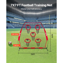VEVOR 7 x 7 ft Football Trainer Throwing Net, Training Throwing Target Practice Net with 5 Target Pockets, Knotless Net