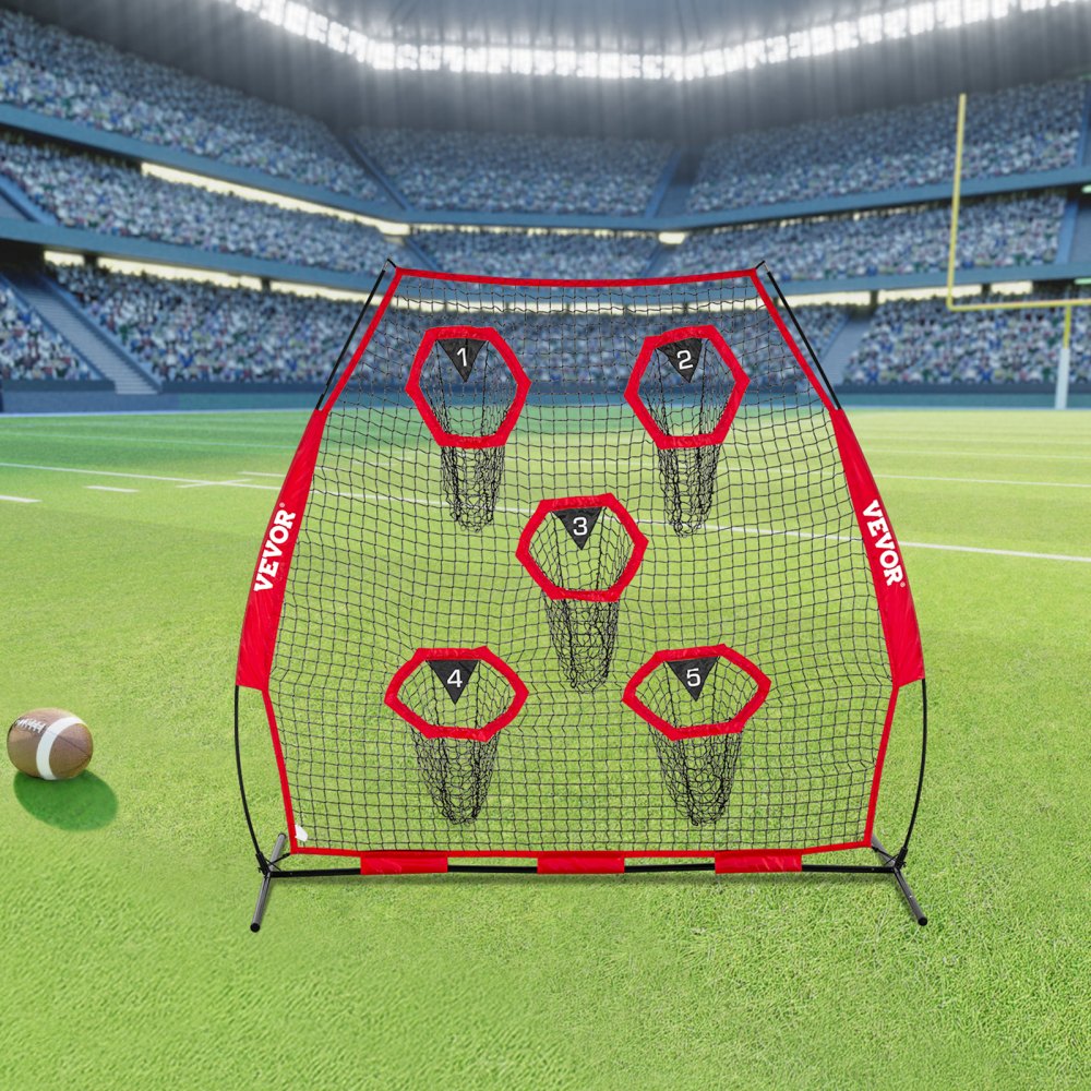 VEVOR 7 x 7 ft Football Trainer Throwing Net, Training Throwing Target Practice Net with 5 Target Pockets, Knotless Net