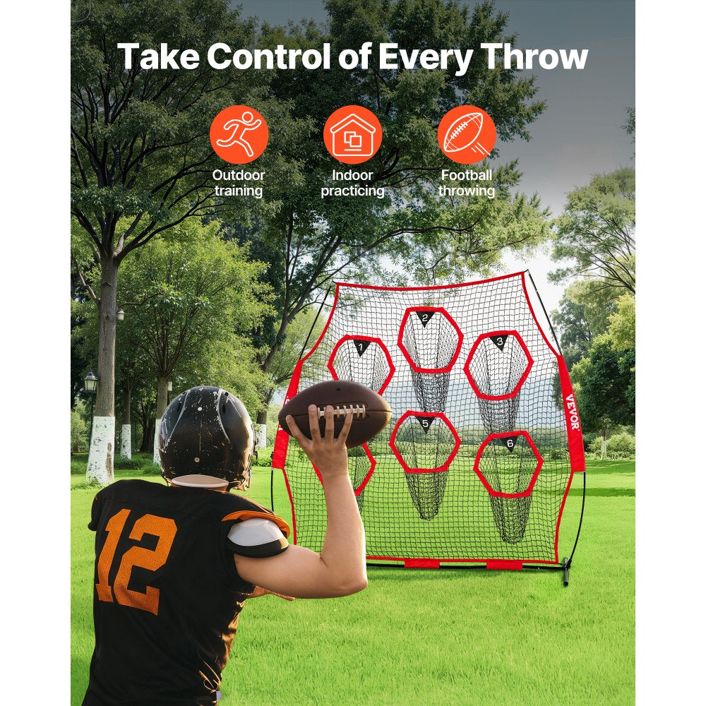 VEVOR 8 x 8 ft Football Trainer Throwing Net, Training Throwing Target Practice Net with 6 Target Pockets, Knotless Net
