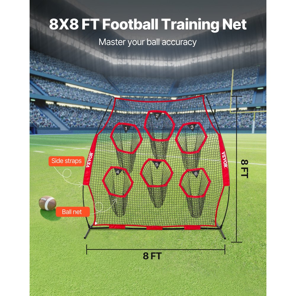 VEVOR 8 x 8 ft Football Trainer Throwing Net, Training Throwing Target Practice Net with 6 Target Pockets, Knotless Net