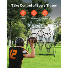 VEVOR 8 x 8 ft Football Trainer Throwing Net, Training Throwing Target Practice Net with 6 Target Pockets, Knotless Net