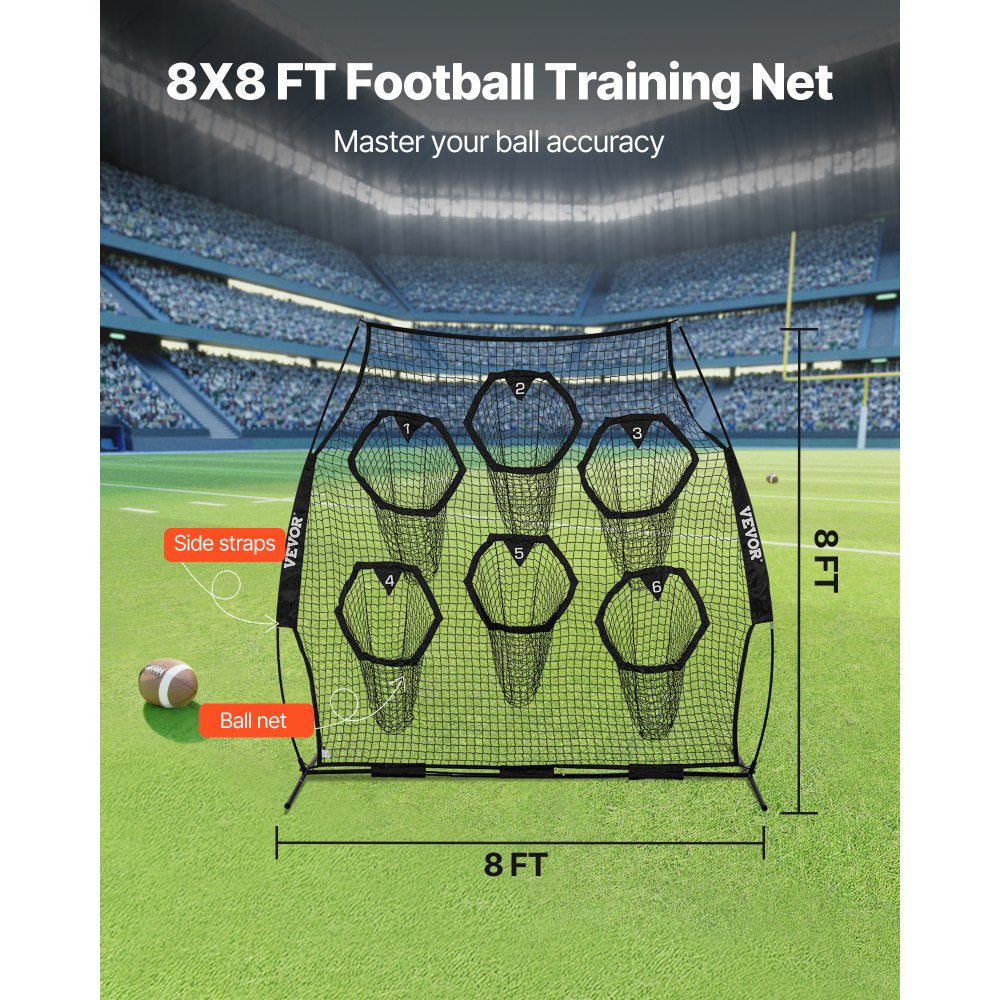 VEVOR 8 x 8 ft Football Trainer Throwing Net, Training Throwing Target Practice Net with 6 Target Pockets, Knotless Net