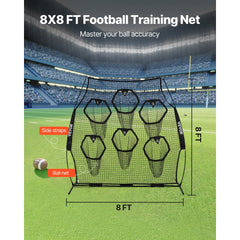 VEVOR 8 x 8 ft Football Trainer Throwing Net, Training Throwing Target Practice Net with 6 Target Pockets, Knotless Net