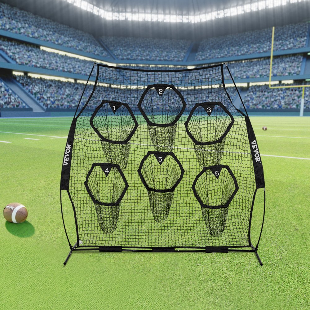VEVOR 8 x 8 ft Football Trainer Throwing Net, Training Throwing Target Practice Net with 6 Target Pockets, Knotless Net