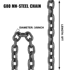 VEVOR Chain Sling, 3/8 inch x 5 ft Lifting Chains with Hooks, G80 Engine Chain Hoist Lifts, 11000 lbs/5 Ton Capacity