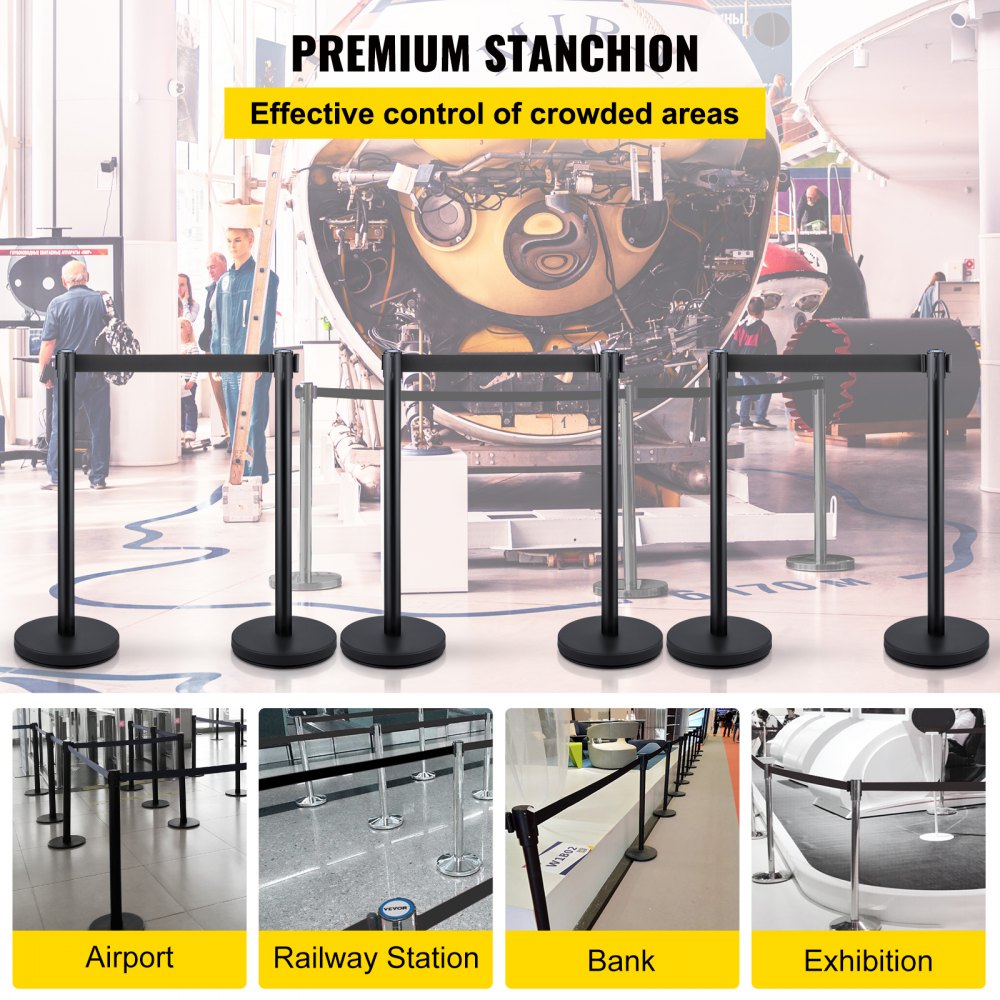 VEVOR 6 PCS Black Stanchion Posts Stainless Steel Stanchion Queue Post Black Belt Retractable 36In for Both Indoor and