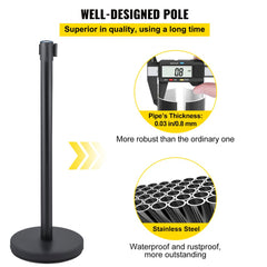 VEVOR 6 PCS Black Stanchion Posts Stainless Steel Stanchion Queue Post Black Belt Retractable 36In for Both Indoor and