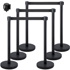 VEVOR 6 PCS Black Stanchion Posts Stainless Steel Stanchion Queue Post Black Belt Retractable 36In for Both Indoor and