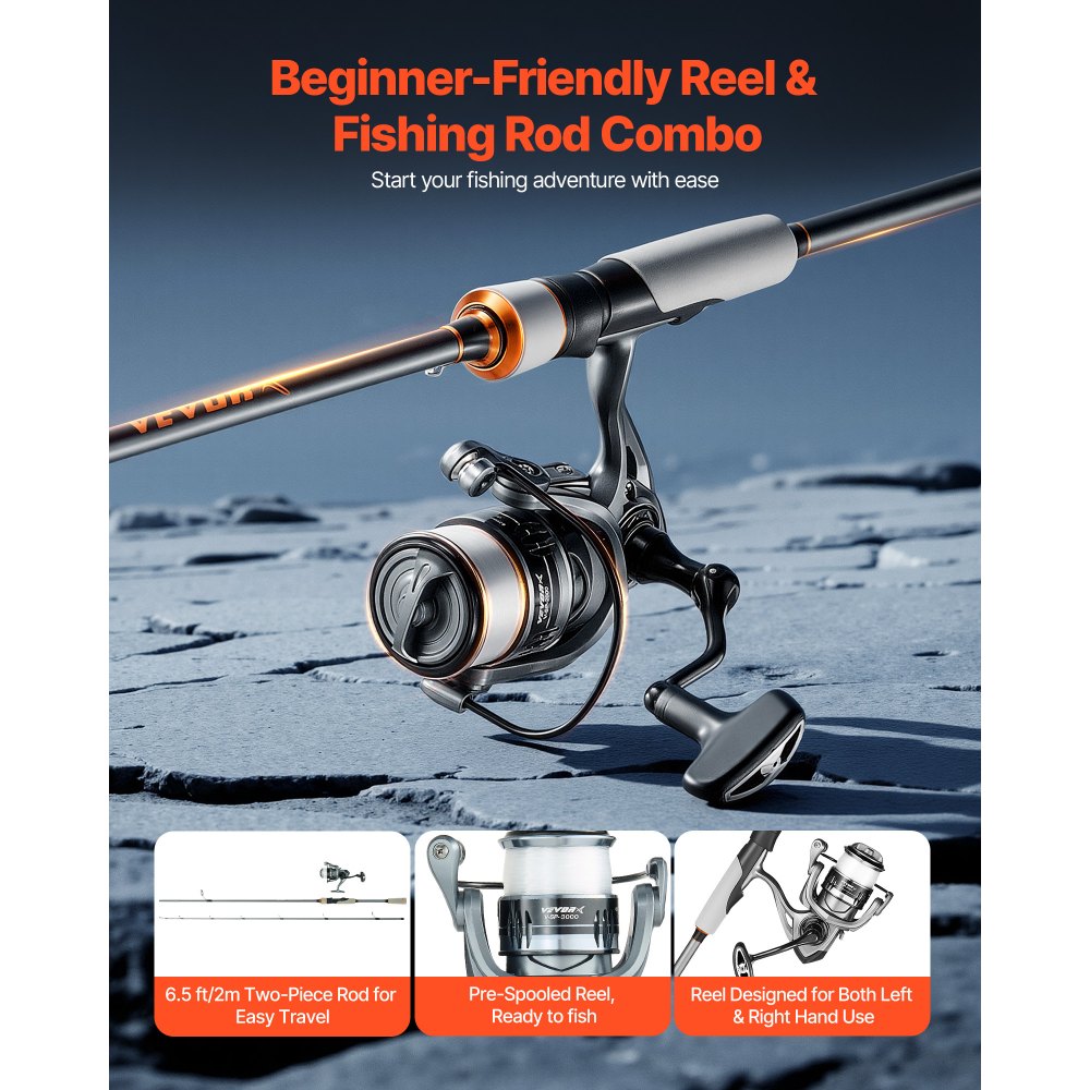 VEVOR Rod and Fishing Reel Combo, IM6 Carbon Fiber Spinning Rod and Reel Combo, Bass Fishing Pole with 6.5 ft Two-Piece