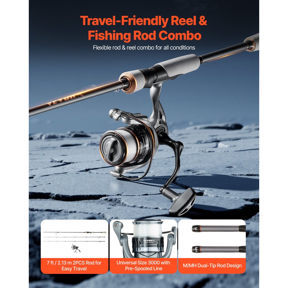 VEVOR Rod and Fishing Reel Combo, IM7 Carbon Fiber Spinning Rod and Reel Combo, Bass Fishing Pole with 7 ft Two-Piece