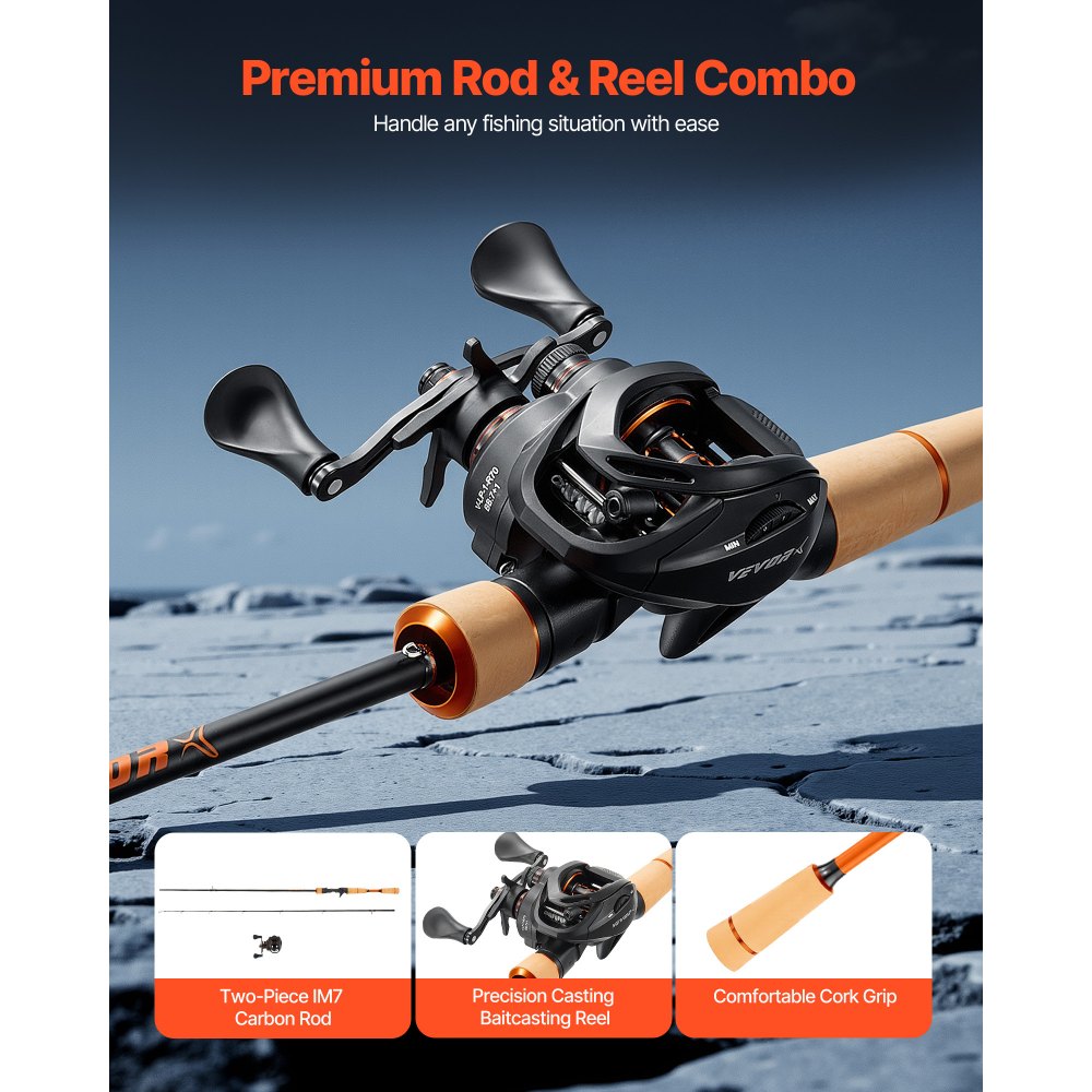 VEVOR Rod and Fishing Reel Combo, IM7 Carbon Fiber Baitcasting Rod and Reel Combo, Bass Fishing Pole with 6+1 BB