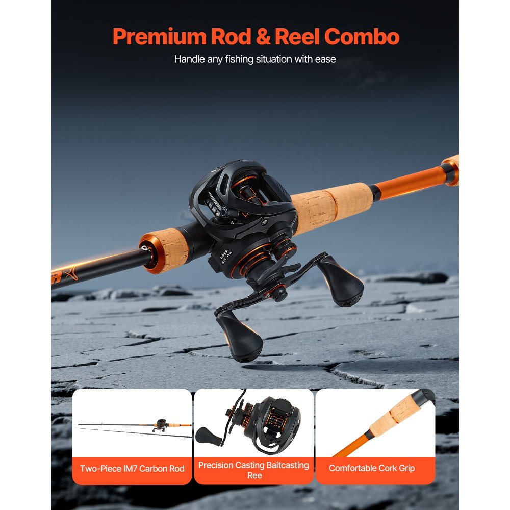 VEVOR Rod and Fishing Reel Combo, IM7 Carbon Fiber Baitcasting Rod and Reel Combo, Bass Fishing Pole with 7+1 BB