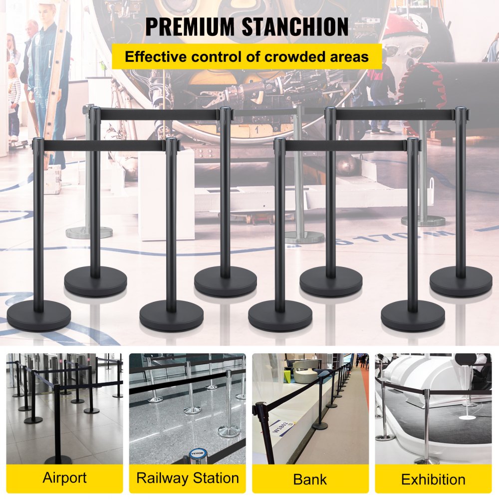 VEVOR Crowd Control Stanchion, Set of 8 Pieces Stanchion Set, Stanchion Set with 6.6 ft/2 m Black Retractable Belt