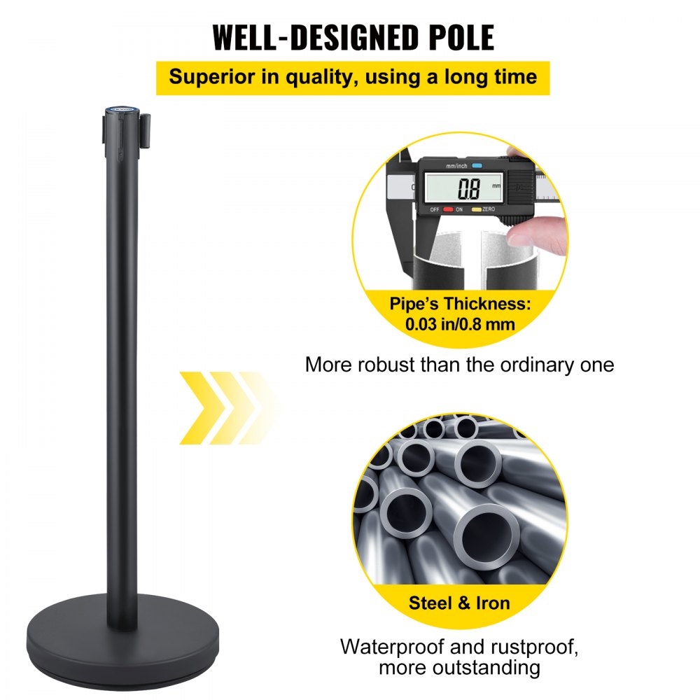VEVOR Crowd Control Stanchion, Set of 8 Pieces Stanchion Set, Stanchion Set with 6.6 ft/2 m Black Retractable Belt