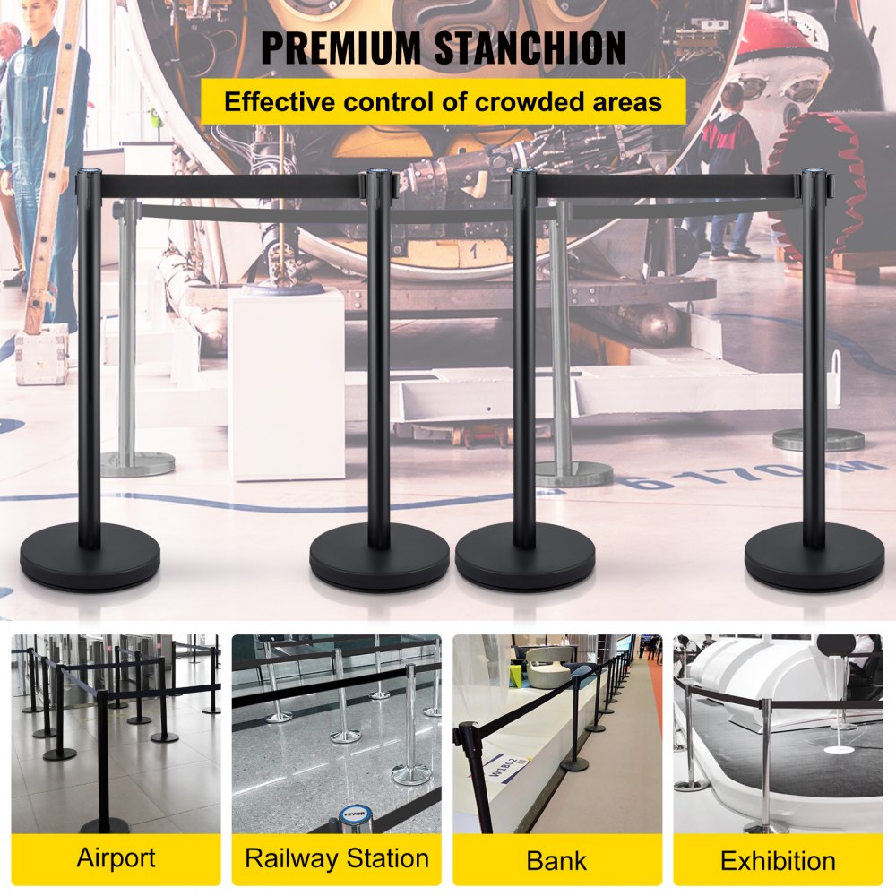 VEVOR Crowd Control Stanchion, Set of 4 Pieces Stanchion Set, Stanchion Set with 6.6 ft/2 m Black Retractable Belt