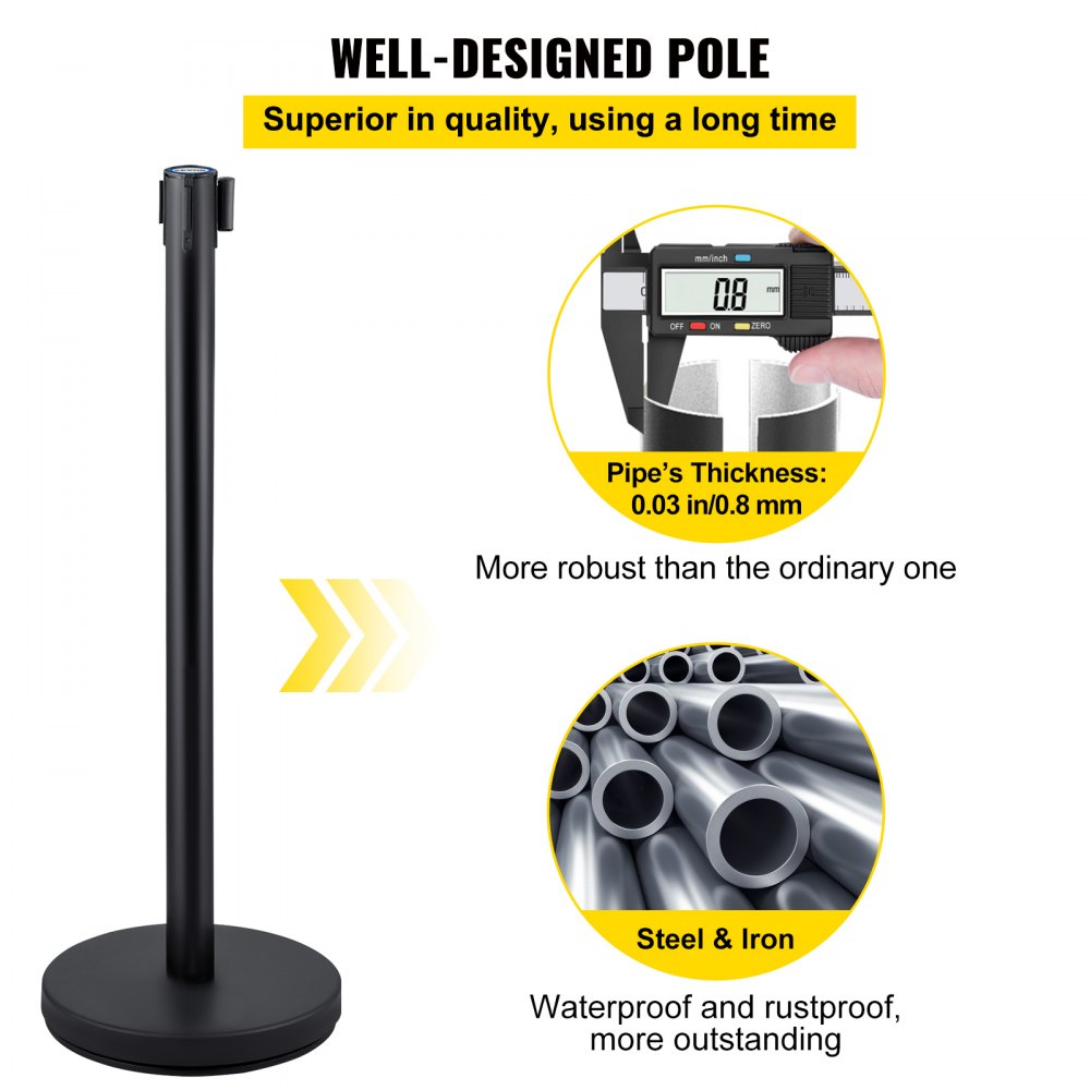 VEVOR Crowd Control Stanchion, Set of 4 Pieces Stanchion Set, Stanchion Set with 6.6 ft/2 m Black Retractable Belt