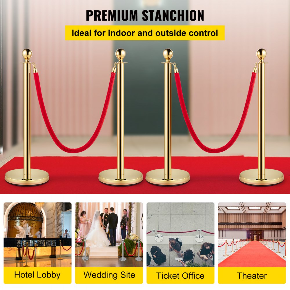 VEVOR Crowd Control Stanchion, Set of 4 Pieces Stanchion Set, Stanchion Set with 5 ft/1.5 m Red Velvet Rope, Crowd