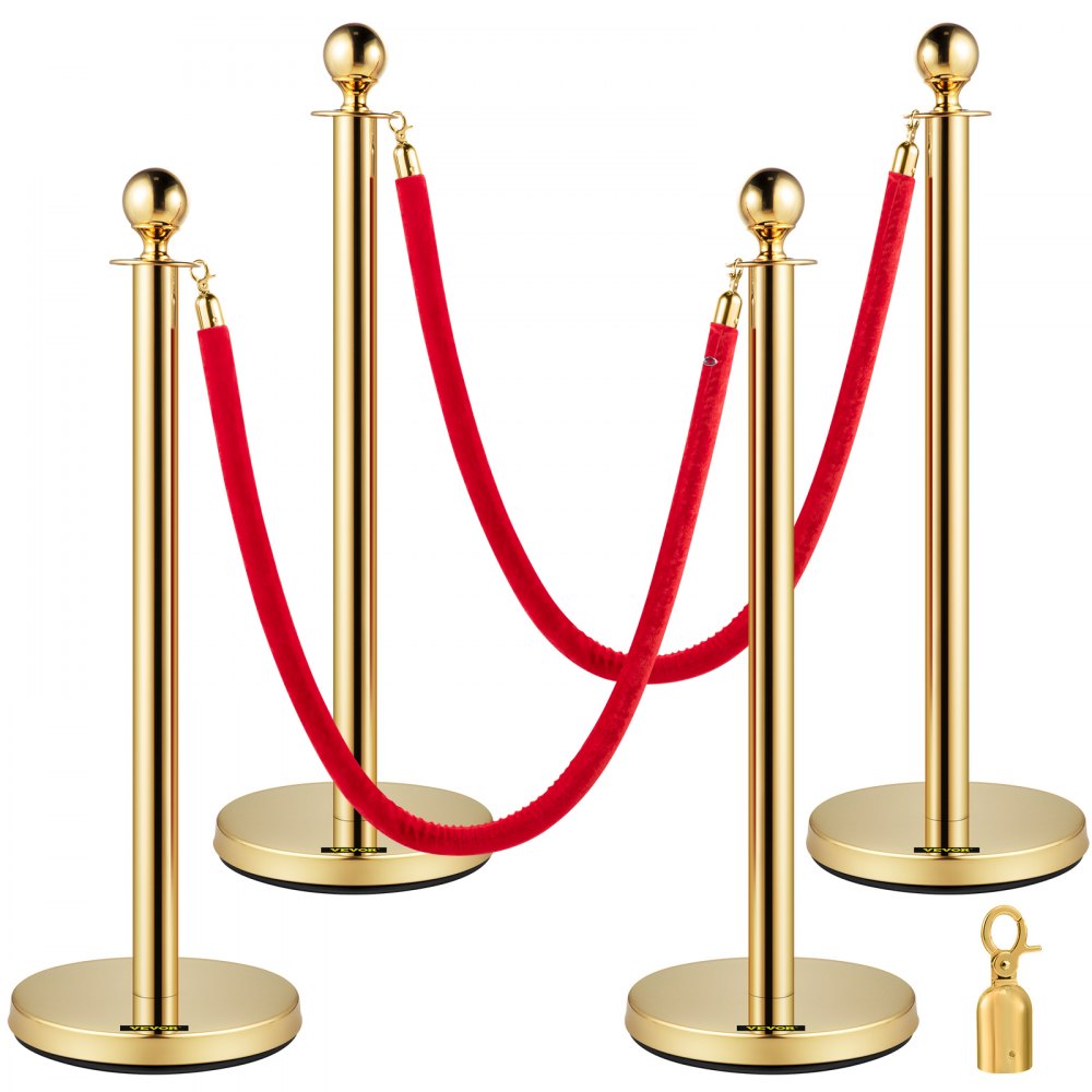 VEVOR Crowd Control Stanchion, Set of 4 Pieces Stanchion Set, Stanchion Set with 5 ft/1.5 m Red Velvet Rope, Crowd