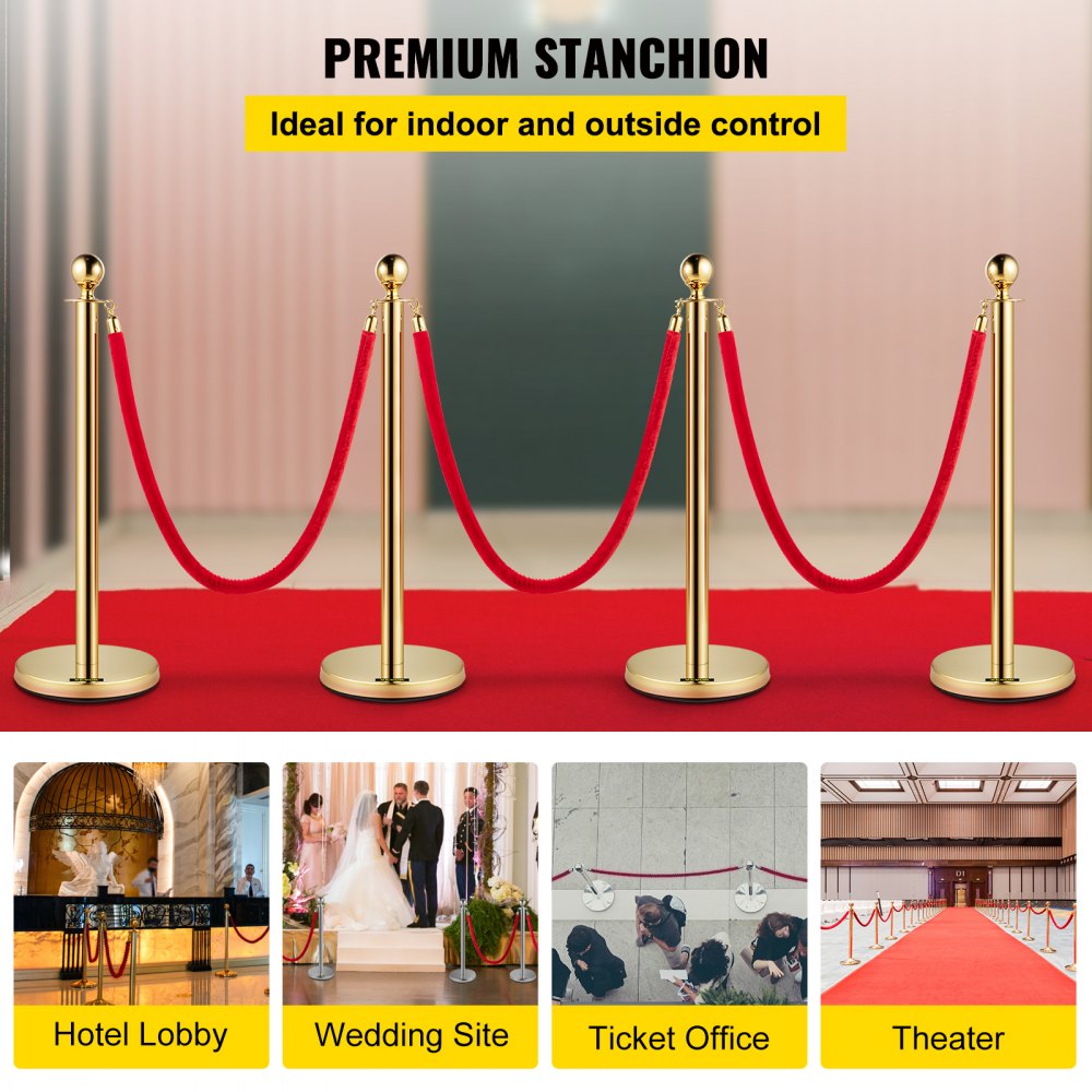 VEVOR 4PCS Gold Stanchion Posts Queue, 38 Inch Red Velvet Rope, Crowd Control Barriers Queue Line Rope, Barriers for