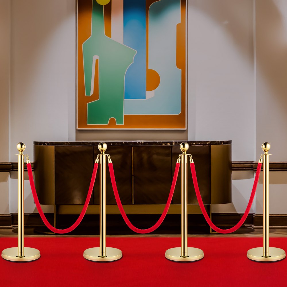 VEVOR 4PCS Gold Stanchion Posts Queue, 38 Inch Red Velvet Rope, Crowd Control Barriers Queue Line Rope, Barriers for