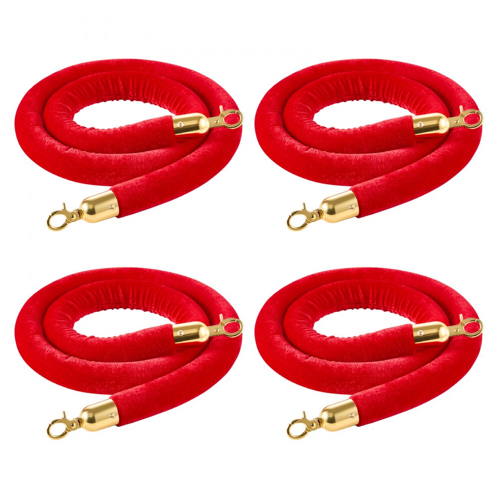 VEVOR 4 Pcs Red Velvet Stanchion Ropes, 5 ft Crowd Control Stanchion Red Velvet Ropes with Gold Hooks, Post Queue