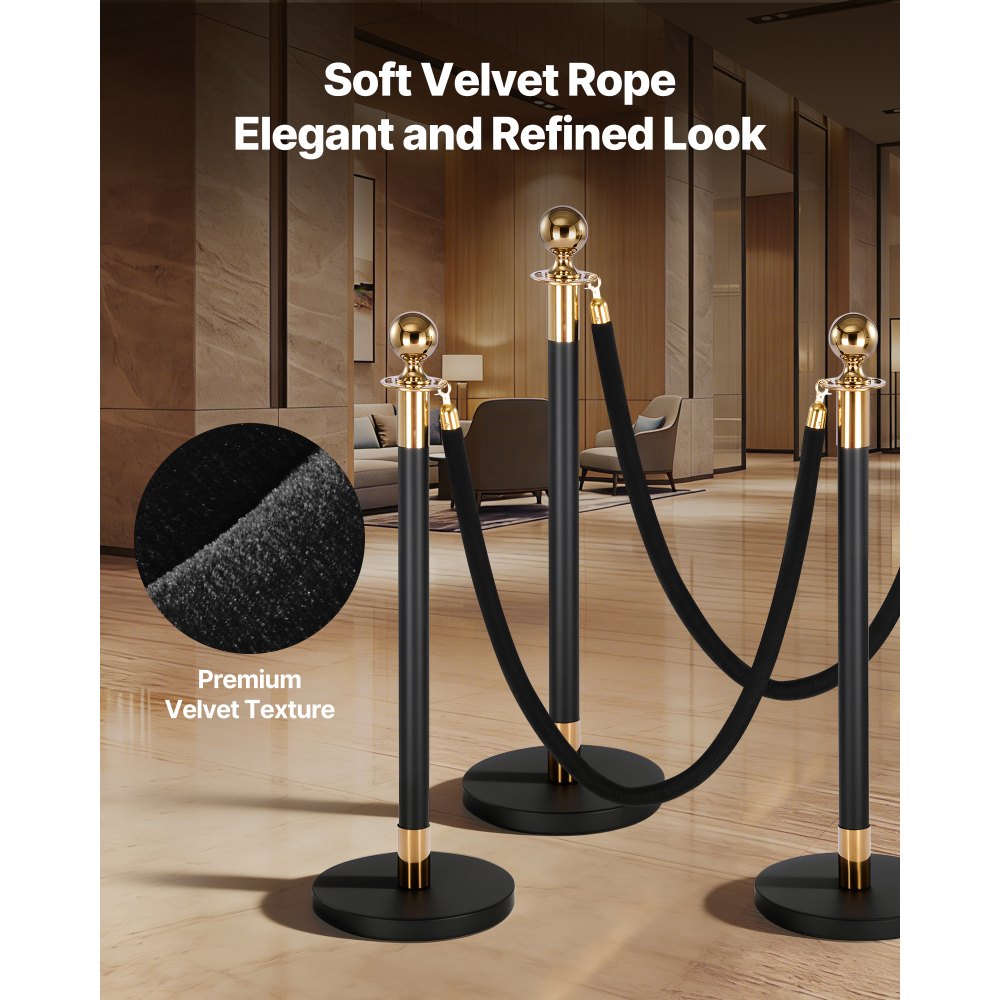 VEVOR 4 Pcs Black Velvet Stanchion Ropes, 5 ft Crowd Control Stanchion Black Velvet Ropes with Gold Hooks, Post Queue