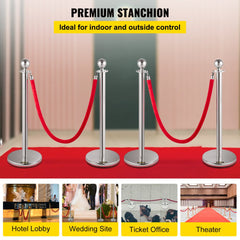 VEVOR 4PCS Stainless Steel Stanchion Posts Queue, Red Velvet Ropes Silver Post, 5FT Rope Barriers Queue Line Crowd