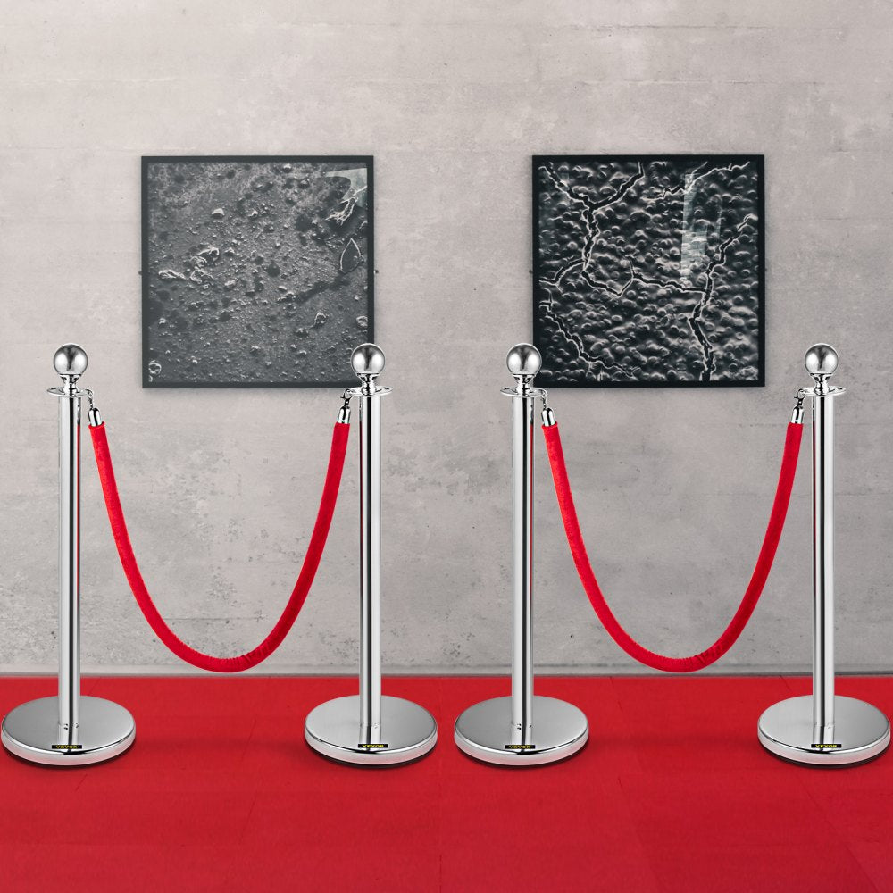 VEVOR 4PCS Stainless Steel Stanchion Posts Queue, Red Velvet Ropes Silver Post, 5FT Rope Barriers Queue Line Crowd