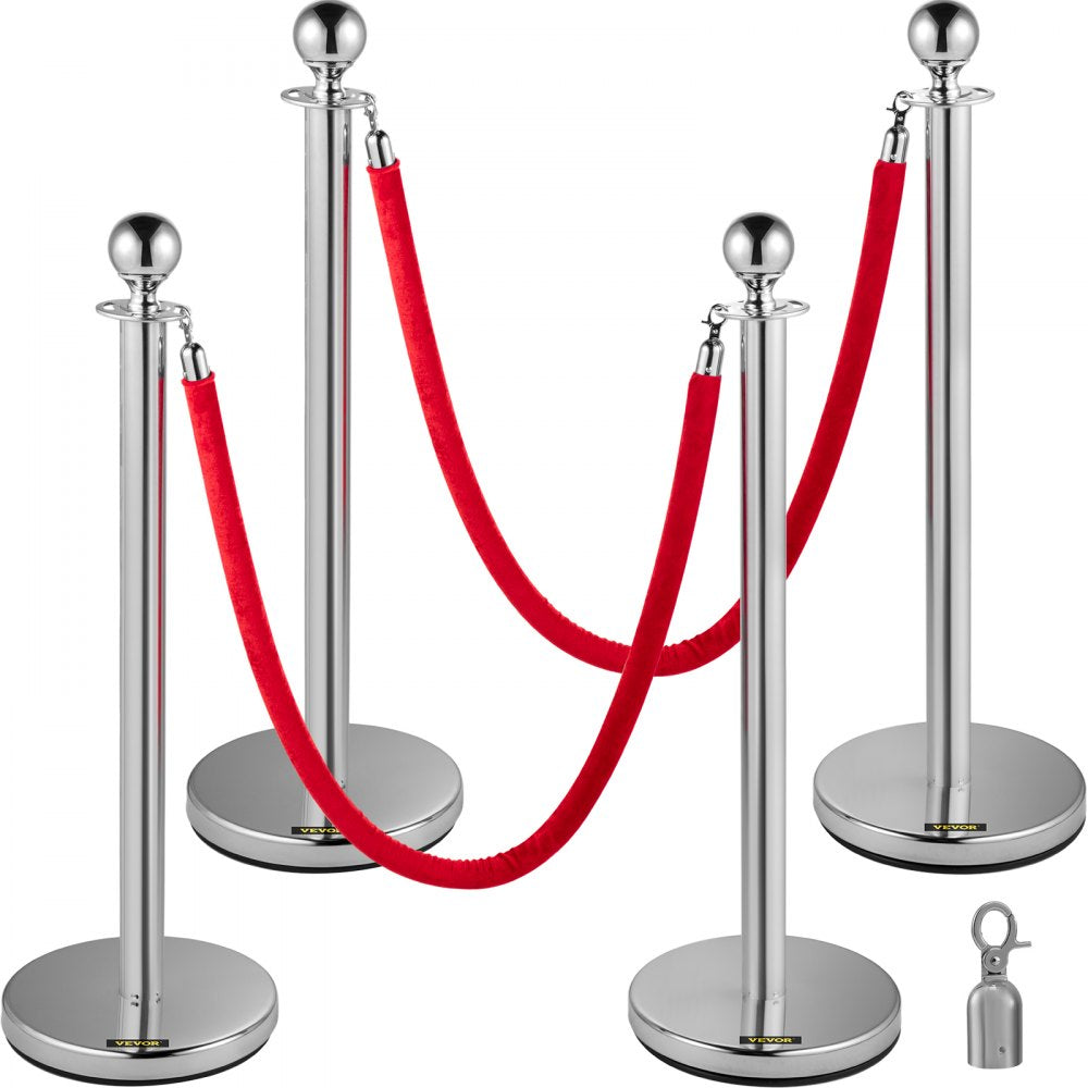 VEVOR 4PCS Stainless Steel Stanchion Posts Queue, Red Velvet Ropes Silver Post, 5FT Rope Barriers Queue Line Crowd