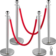 VEVOR 4PCS Stainless Steel Stanchion Posts Queue, Red Velvet Ropes Silver Post, 5FT Rope Barriers Queue Line Crowd