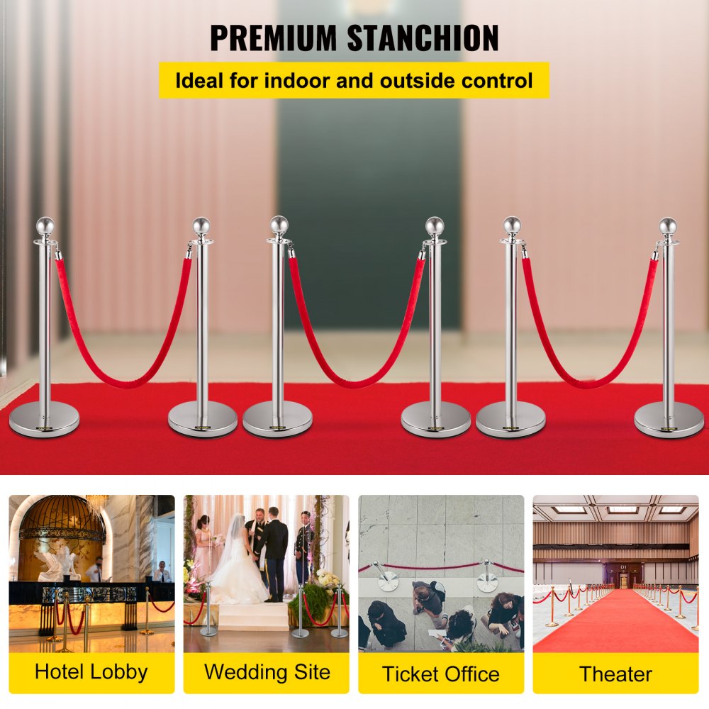 VEVOR 6 PCS Crowd Control Stanchion, Silver Stanchions Posts Stainless Steel Stanchion Queue Post Red Rope Retractable
