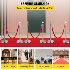 VEVOR 6 PCS Crowd Control Stanchion, Silver Stanchions Posts Stainless Steel Stanchion Queue Post Red Rope Retractable