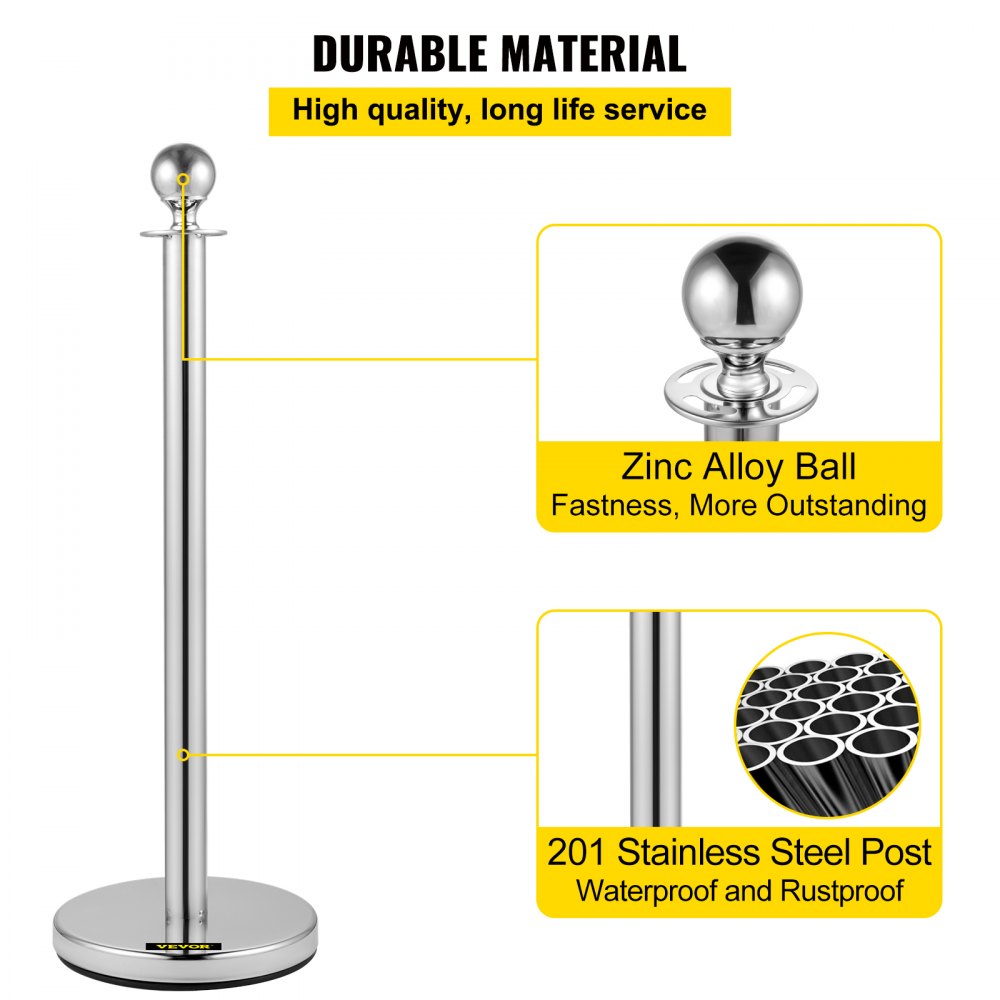 VEVOR 6 PCS Crowd Control Stanchion, Silver Stanchions Posts Stainless Steel Stanchion Queue Post Red Rope Retractable