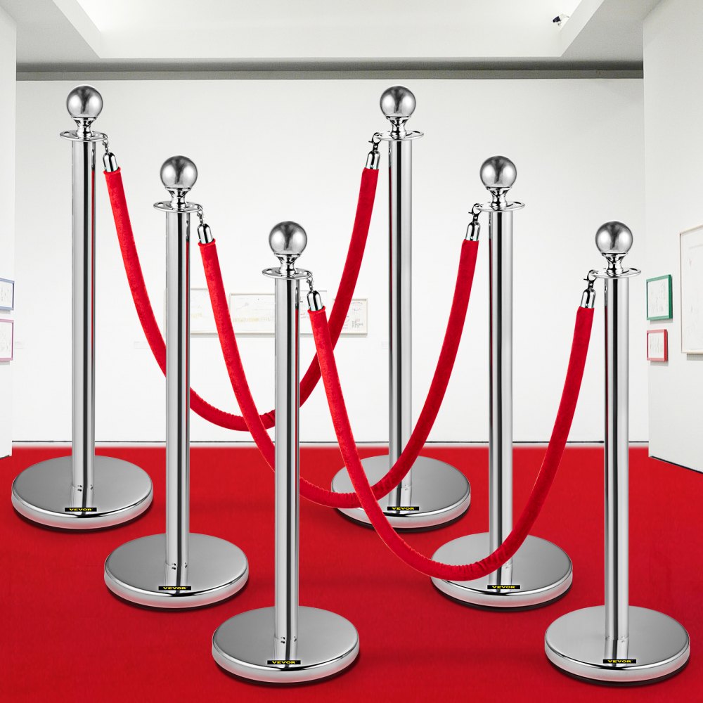VEVOR 6 PCS Crowd Control Stanchion, Silver Stanchions Posts Stainless Steel Stanchion Queue Post Red Rope Retractable