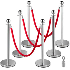 VEVOR 6 PCS Crowd Control Stanchion, Silver Stanchions Posts Stainless Steel Stanchion Queue Post Red Rope Retractable