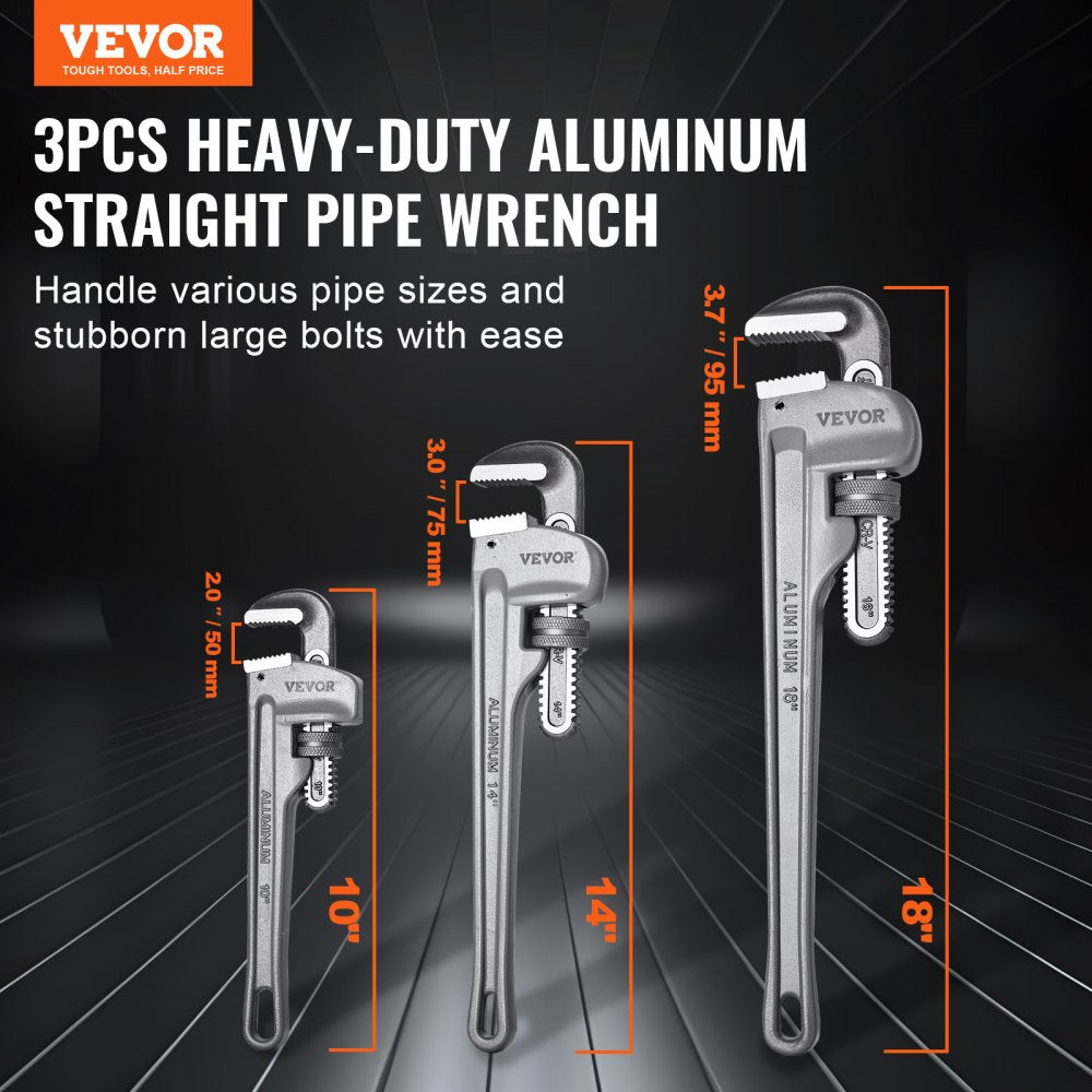 VEVOR 3-Piece Pipe Wrench Set, 10" 14" 18" Aluminum Straight Pipe Wrench, Adjustable Plumbing Wrench, with High
