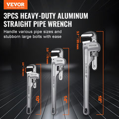 VEVOR 3-Piece Pipe Wrench Set, 10" 14" 18" Aluminum Straight Pipe Wrench, Adjustable Plumbing Wrench, with High