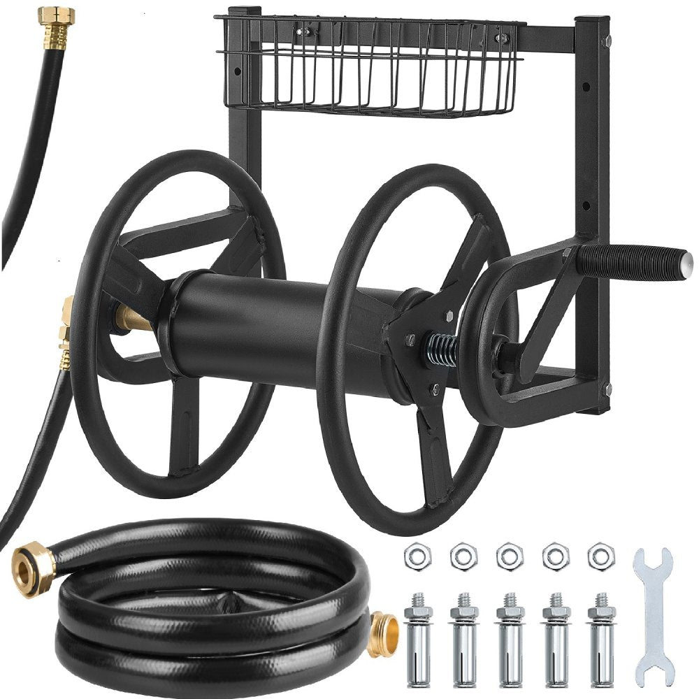 VEVOR Wall Mounted Garden Hose Reel, Holds 125 ft 5/8-inch Hose, Heavy-Duty Water Hose Winder, Space-Saving Design