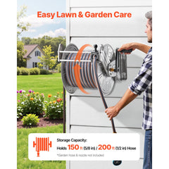 VEVOR Wall Mounted Garden Hose Reel, Holds 150 ft 5/8-inch Water Hose Winder, Heavy-Duty Stainless Steel, Outdoor