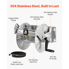 VEVOR Wall Mounted Garden Hose Reel, Holds 150 ft 5/8-inch Water Hose Winder, Heavy-Duty Stainless Steel, Outdoor
