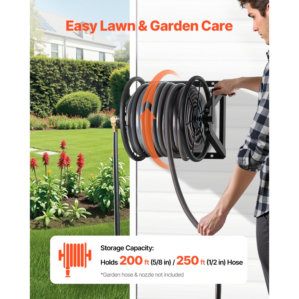 VEVOR Wall Mounted Garden Hose Reel, Holds 200 ft 5/8-inch Manual Water Hose Winder, Heavy-Duty Steel, Outdoor Reel
