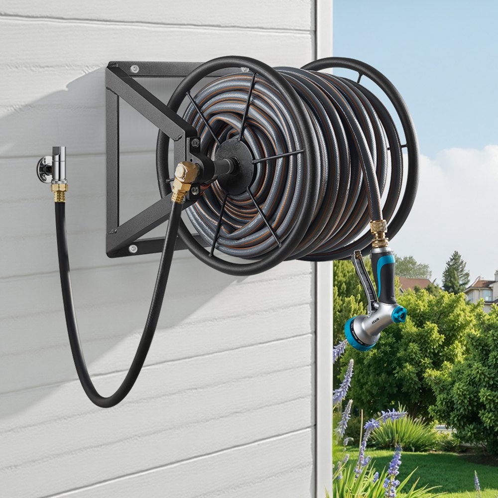 VEVOR Wall Mounted Garden Hose Reel, Holds 200 ft 5/8-inch Manual Water Hose Winder, Heavy-Duty Steel, Outdoor Reel